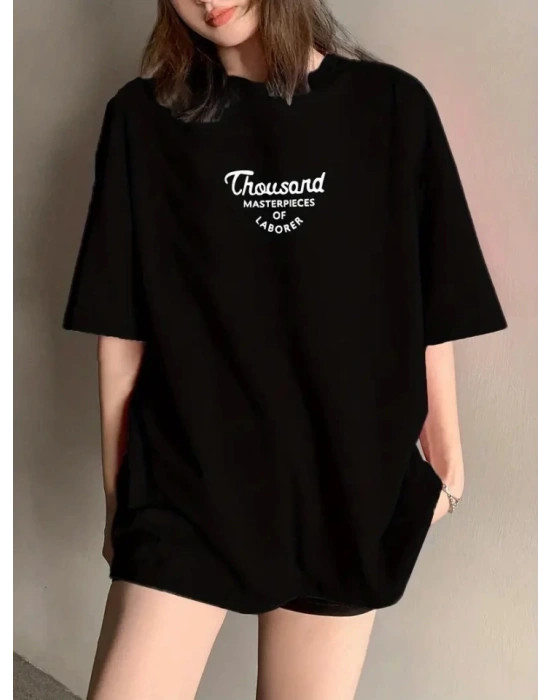 Thousand Baskılı Oversize Bisiklet Yaka Tshirt  iyah