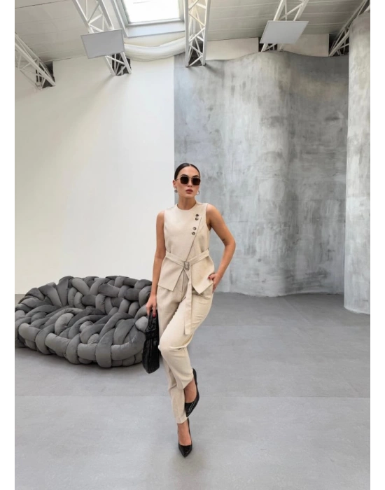 Ti̇na Asi̇metri̇k Keten Yelek Pantolon Takim