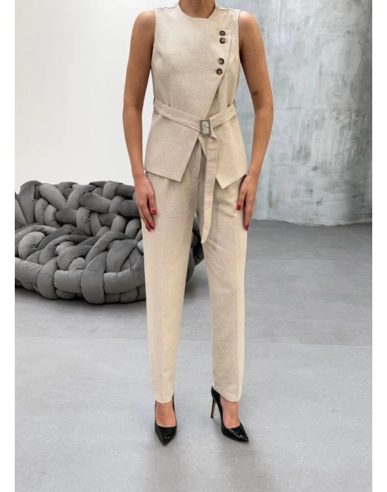 Ti̇na Asi̇metri̇k Keten Yelek Pantolon Takim