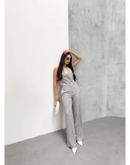 Toskana Çi̇zgi̇li̇ Kruvaze Yaka Tek Düğmeli̇ Yelek Pantolon Takim