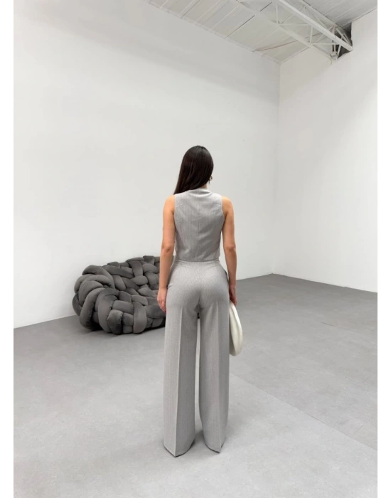 Toskana Çi̇zgi̇li̇ Kruvaze Yaka Tek Düğmeli̇ Yelek Pantolon Takim