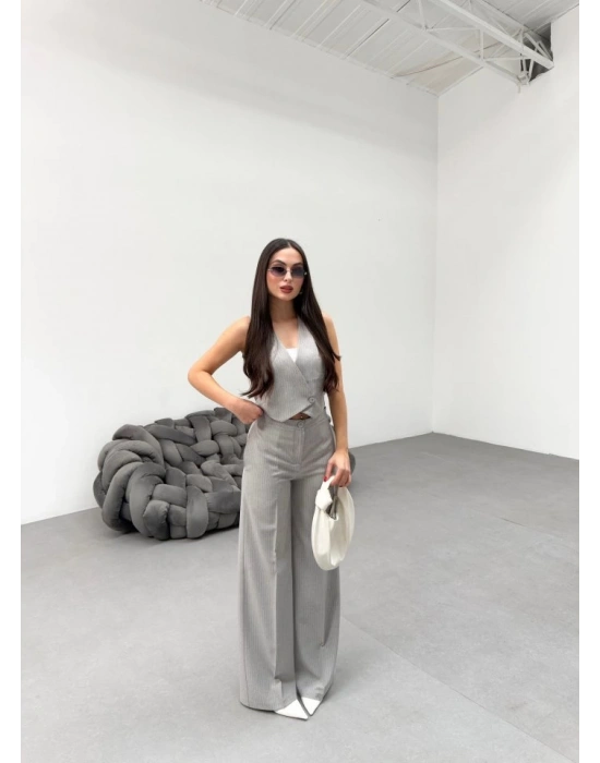 Toskana Çi̇zgi̇li̇ Kruvaze Yaka Tek Düğmeli̇ Yelek Pantolon Takim