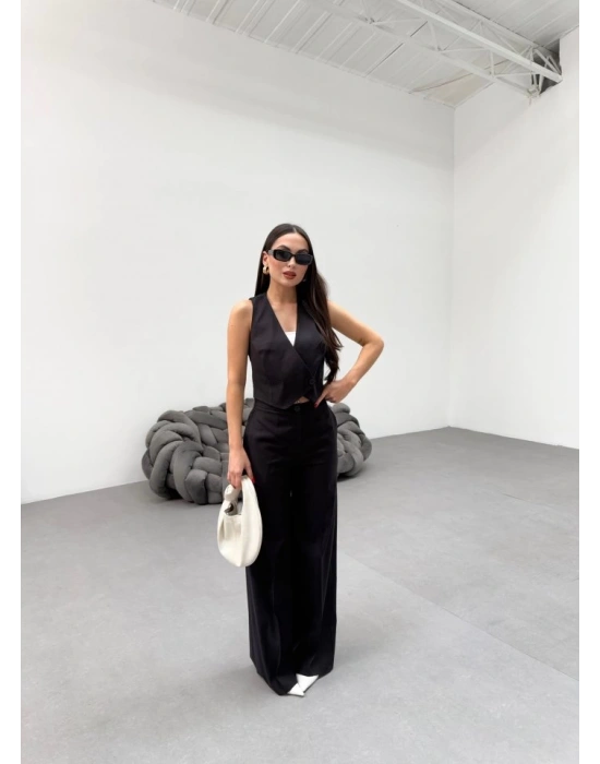 Toskana Keten Kruvaze Yaka Tek Düğmeli̇ Yelek Pantolon Takim