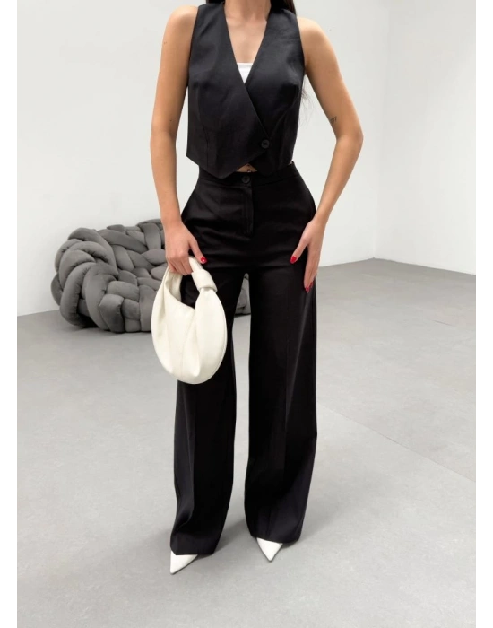 Toskana Keten Kruvaze Yaka Tek Düğmeli̇ Yelek Pantolon Takim