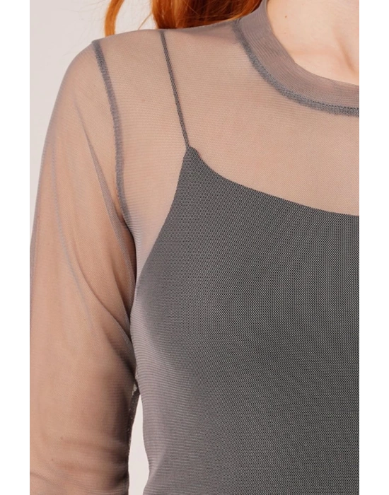 Transparan Gri Tül Basic Bluz