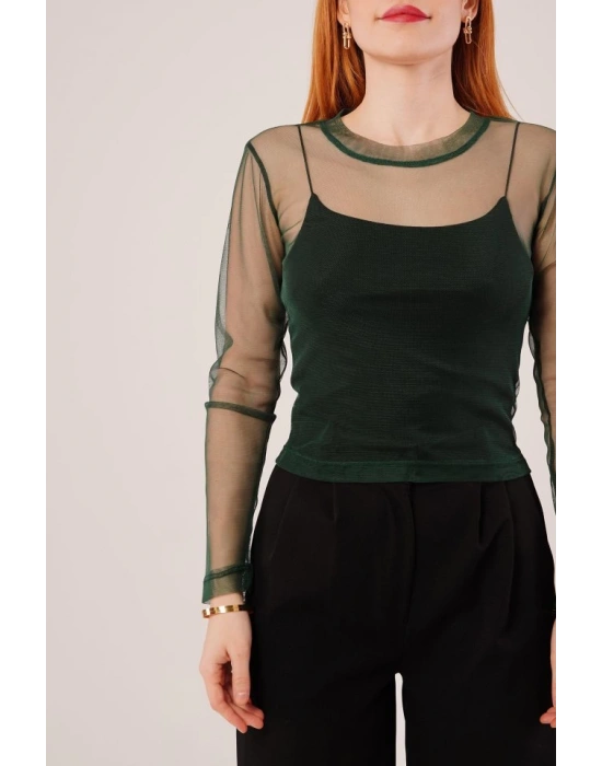 Transparan Yeşil Tül Basic Bluz