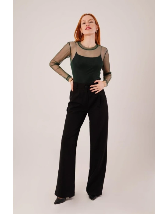 Transparan Yeşil Tül Basic Bluz