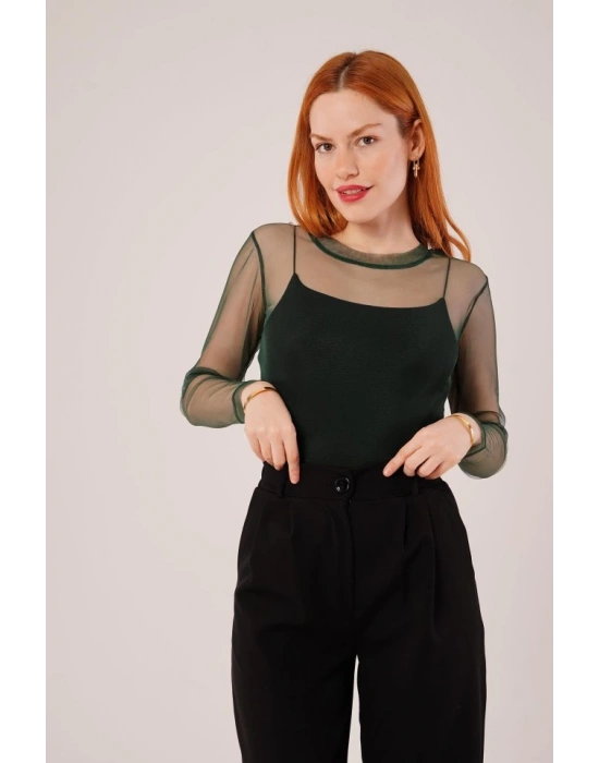 Transparan Yeşil Tül Basic Bluz