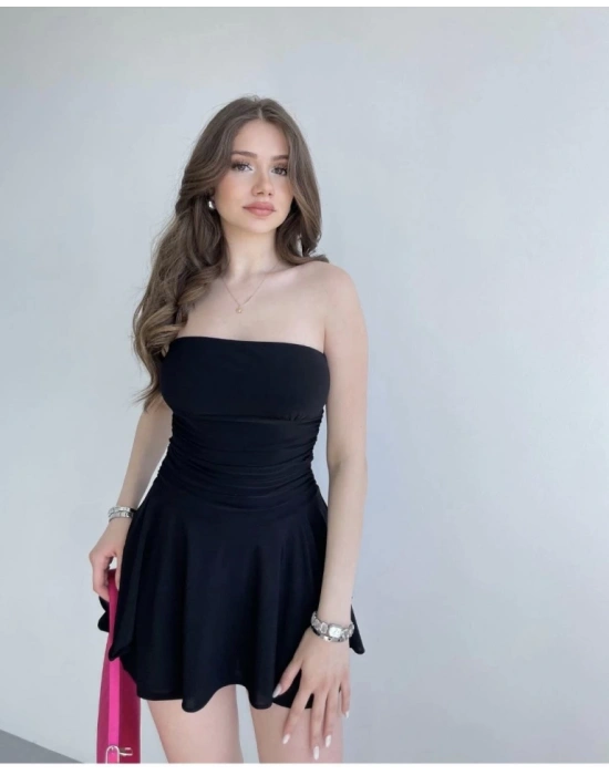 Straplez Sandy Kumaş Şortlu Prenses Etek ini Klos Elbise Siyah