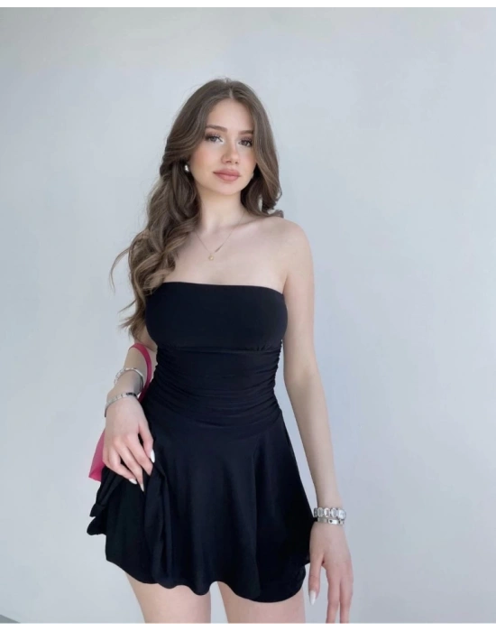 Straplez Sandy Kumaş Şortlu Prenses Etek ini Klos Elbise Siyah