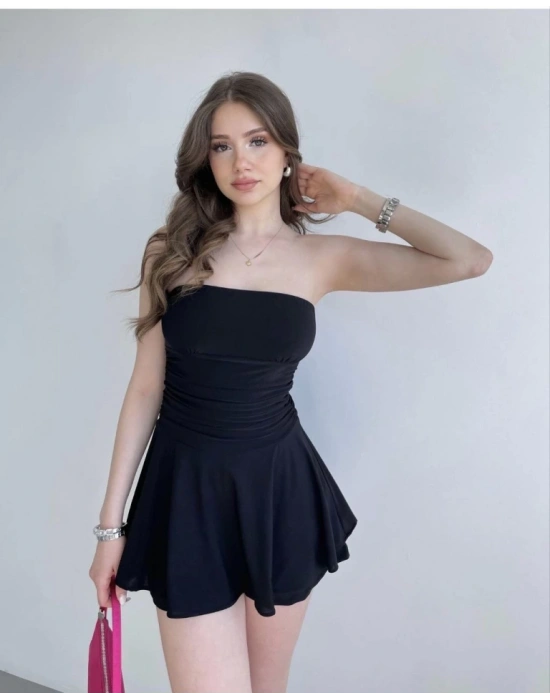 Straplez Sandy Kumaş Şortlu Prenses Etek ini Klos Elbise Siyah