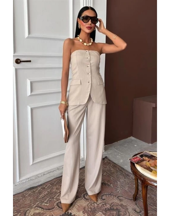 traplez Büstiyerli Plazzo Pantolonlu Çizgili Takım 10151