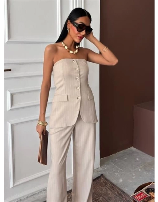 traplez Büstiyerli Plazzo Pantolonlu Çizgili Takım 10151