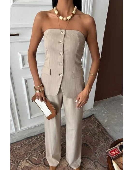 traplez Büstiyerli Plazzo Pantolonlu Çizgili Takım 10151