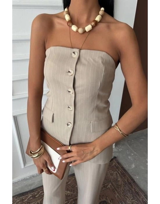 traplez Büstiyerli Plazzo Pantolonlu Çizgili Takım 10151