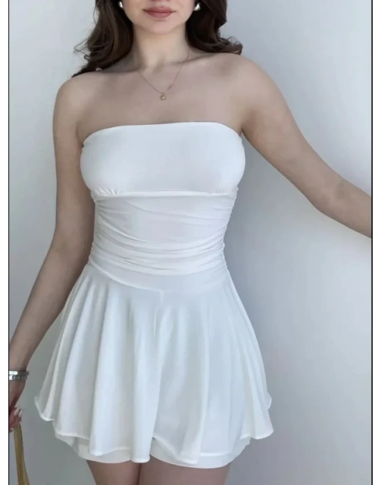 traplez ini Etek Görünümlü Şortlu Elbise Büzgülü Şık Yazlık  Beyaz