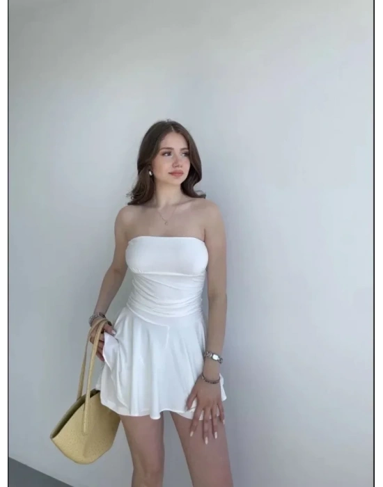 traplez ini Etek Görünümlü Şortlu Elbise Büzgülü Şık Yazlık  Beyaz