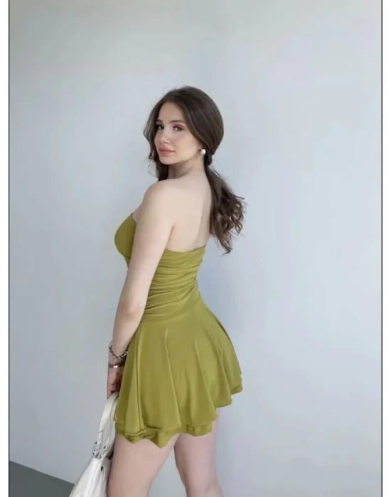 traplez ini Etek Görünümlü Şortlu Elbise Büzgülü Şık Yazlık  int Yeşili