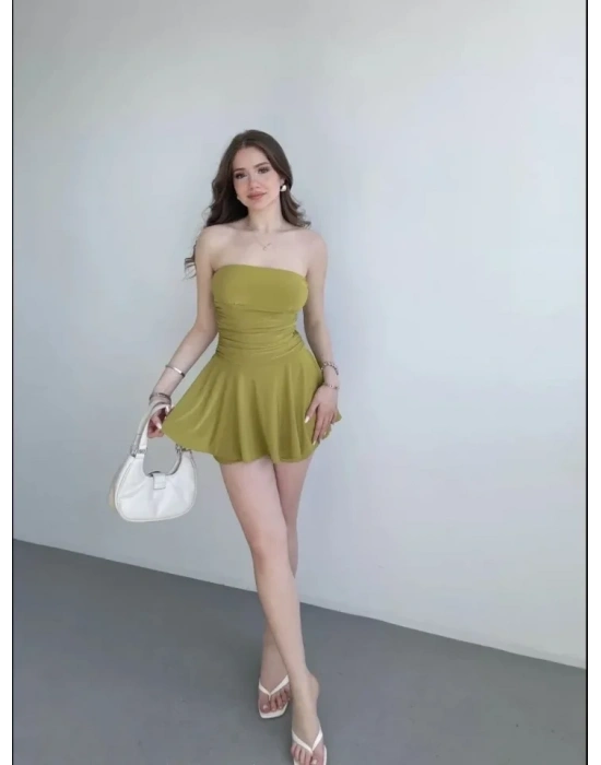 traplez ini Etek Görünümlü Şortlu Elbise Büzgülü Şık Yazlık  int Yeşili