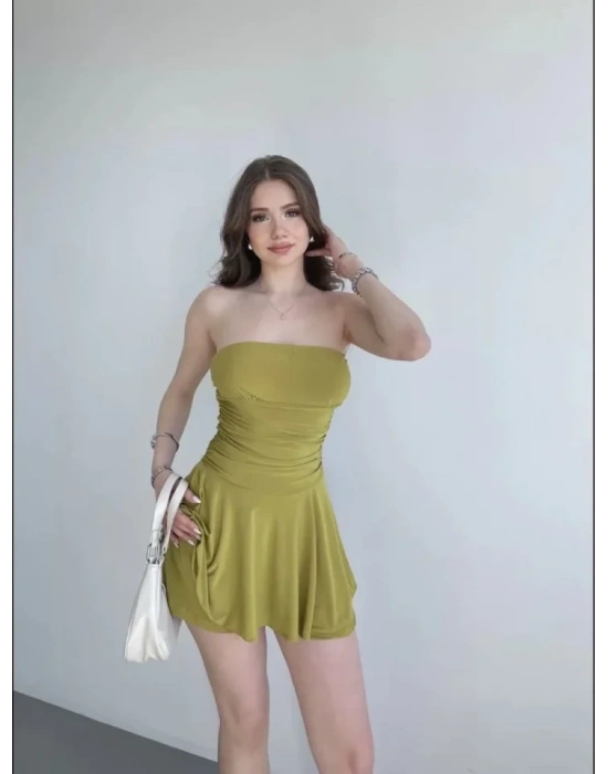 traplez ini Etek Görünümlü Şortlu Elbise Büzgülü Şık Yazlık  int Yeşili