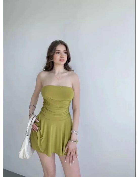 traplez ini Etek Görünümlü Şortlu Elbise Büzgülü Şık Yazlık  int Yeşili