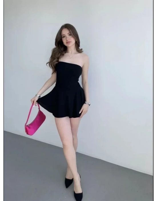 traplez ini Etek Görünümlü Şortlu Elbise Büzgülü Şık Yazlık  iyah