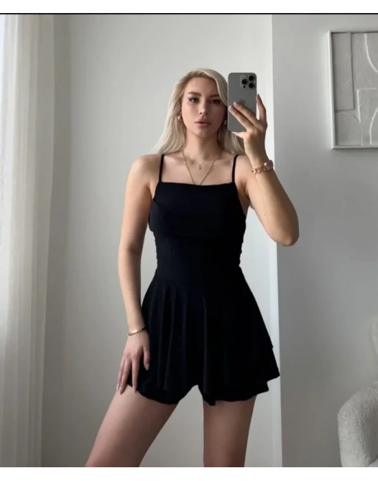 traplez ini Etek Görünümlü Şortlu Elbise Büzgülü Şık Yazlık  iyah