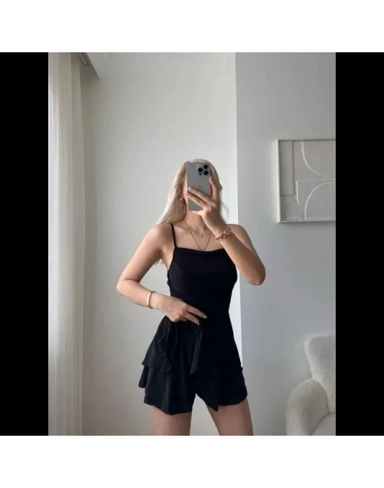 traplez ini Etek Görünümlü Şortlu Elbise Büzgülü Şık Yazlık  iyah