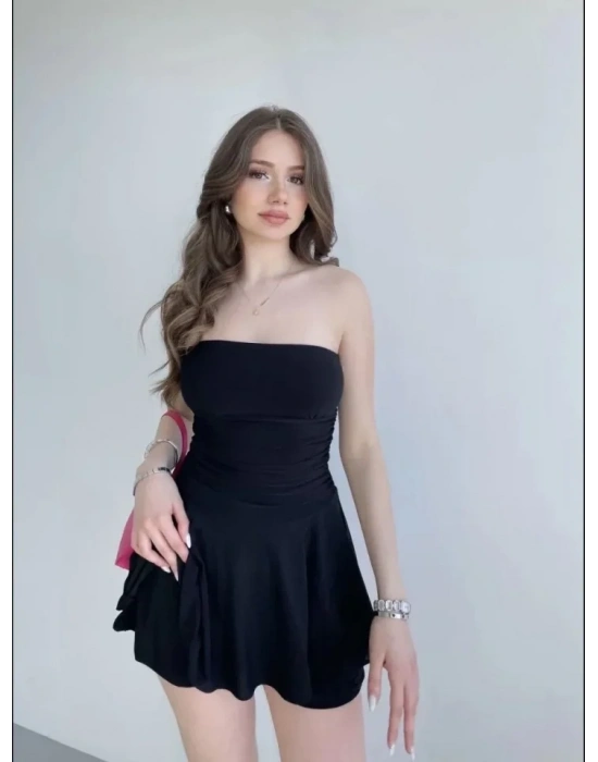 traplez ini Etek Görünümlü Şortlu Elbise Büzgülü Şık Yazlık  iyah