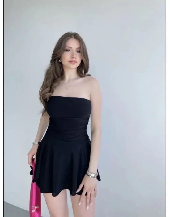 traplez ini Etek Görünümlü Şortlu Elbise Büzgülü Şık Yazlık  iyah