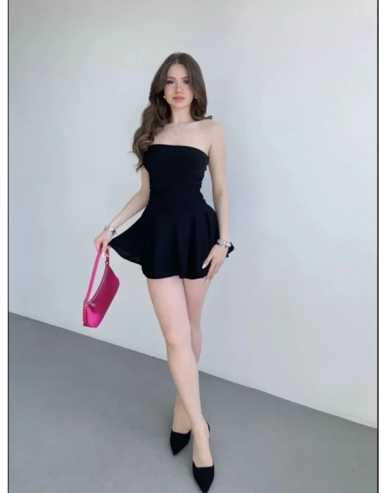 traplez ini Etek Görünümlü Şortlu Elbise Büzgülü Şık Yazlık  iyah