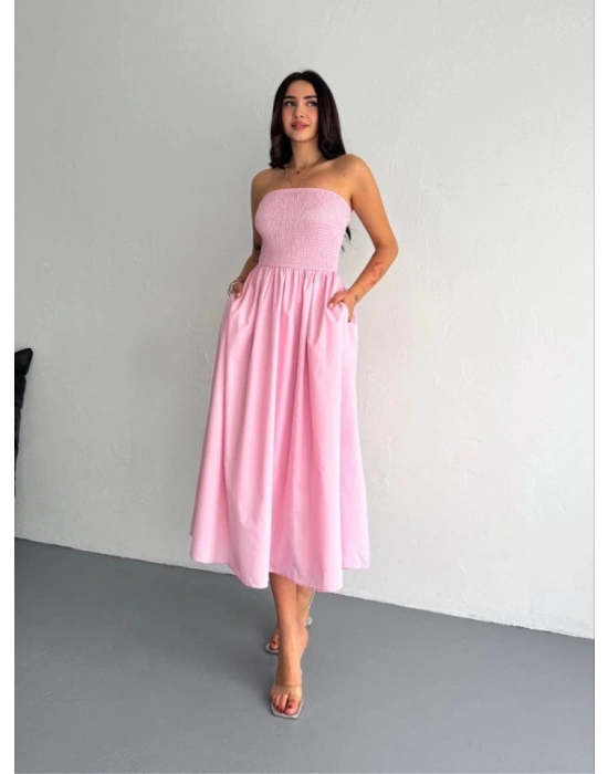 traplez Pileli Elbise  Pembe