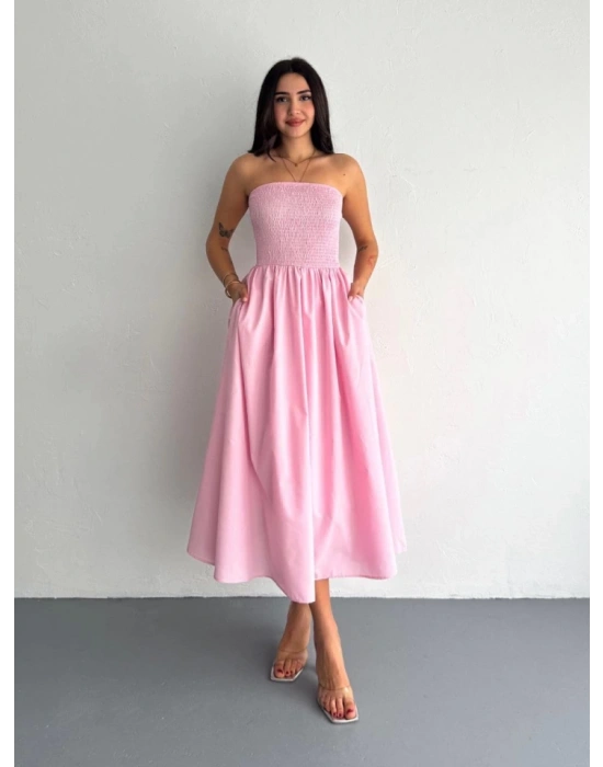 traplez Pileli Elbise  Pembe