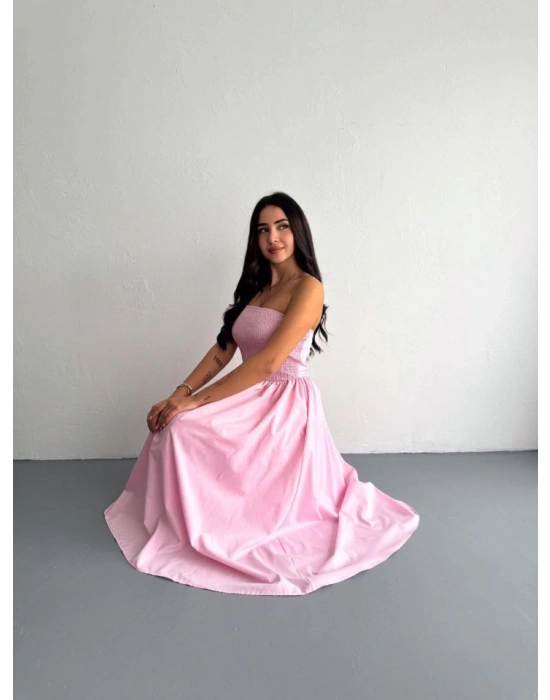 traplez Pileli Elbise  Pembe