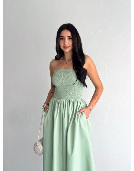 Straplez Pileli Elbise  Su Yeşili