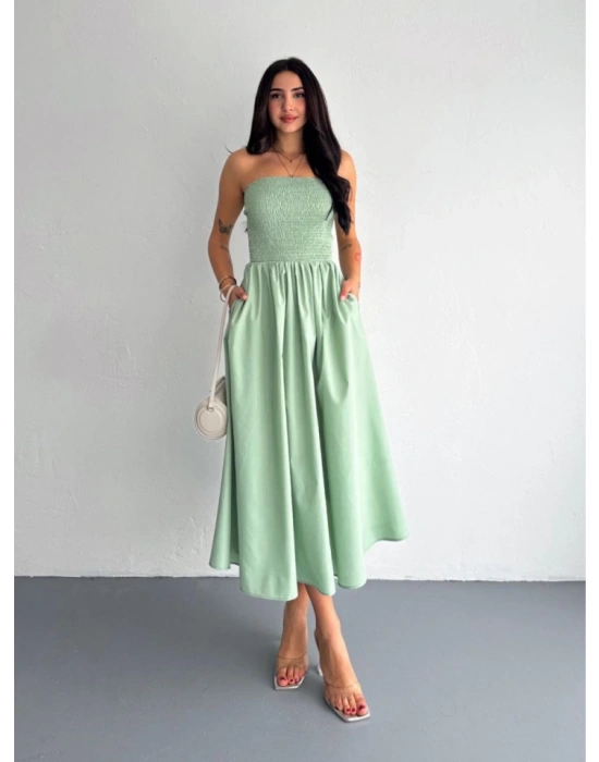 Straplez Pileli Elbise  Su Yeşili