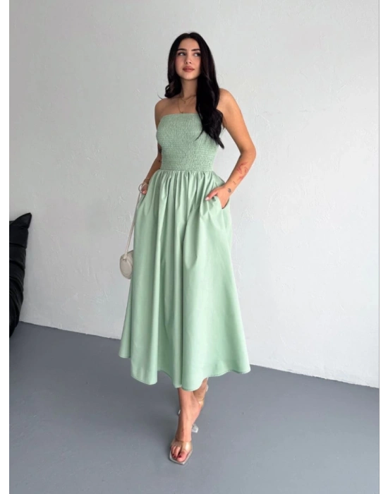 Straplez Pileli Elbise  Su Yeşili