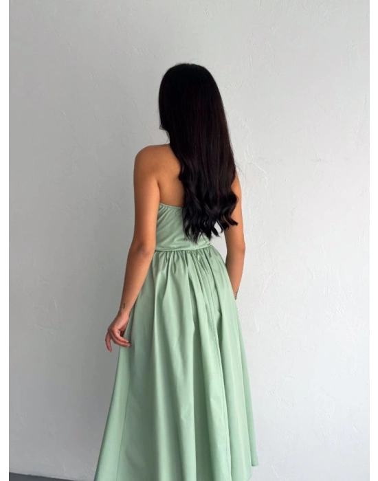 Straplez Pileli Elbise  Su Yeşili