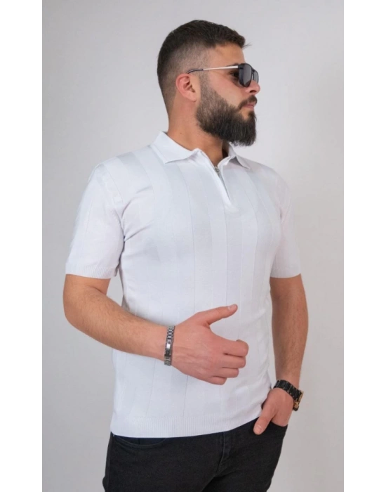 Triko Dokuma Yarım Fermuarlı Yakalı Tshirt  Beyaz