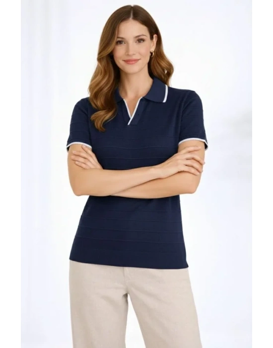 Triko Kumaş Yakalı Düğmesiz Açık Yaka Fitilli Kısa Kollu Regular Fit Tişört Tshirt  acivert