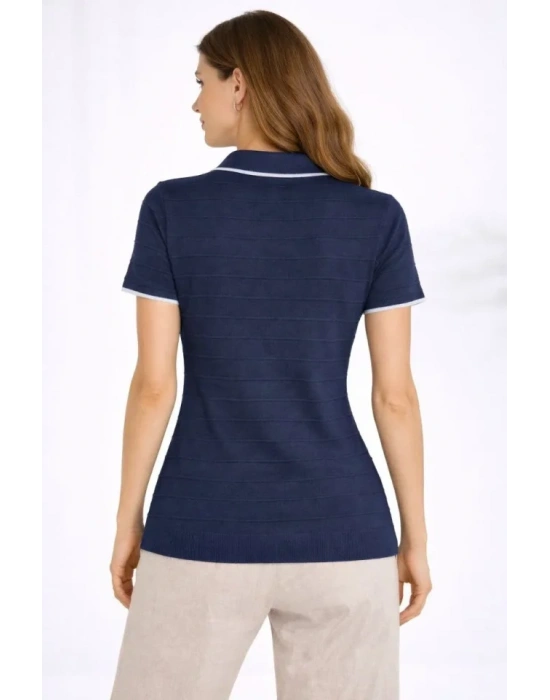 Triko Kumaş Yakalı Düğmesiz Açık Yaka Fitilli Kısa Kollu Regular Fit Tişört Tshirt  acivert