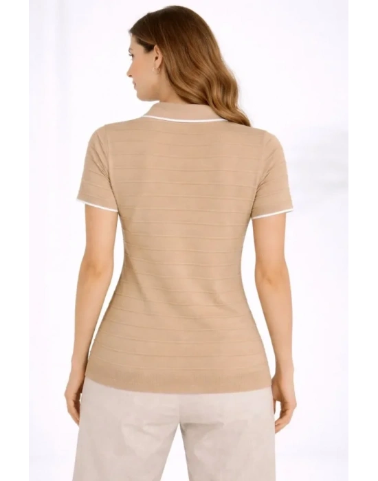 Triko Kumaş Yakalı Düğmesiz Açık Yaka Fitilli Kısa Kollu Regular Fit Tişört Tshirt  Bej