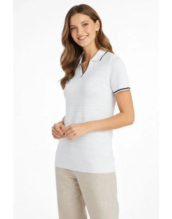 Triko Kumaş Yakalı Düğmesiz Açık Yaka Fitilli Kısa Kollu Regular Fit Tişört Tshirt  Beyaz