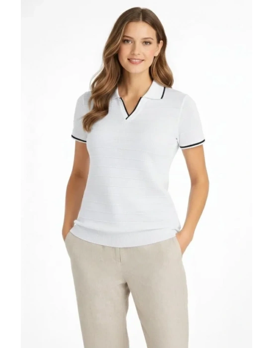 Triko Kumaş Yakalı Düğmesiz Açık Yaka Fitilli Kısa Kollu Regular Fit Tişört Tshirt  Beyaz