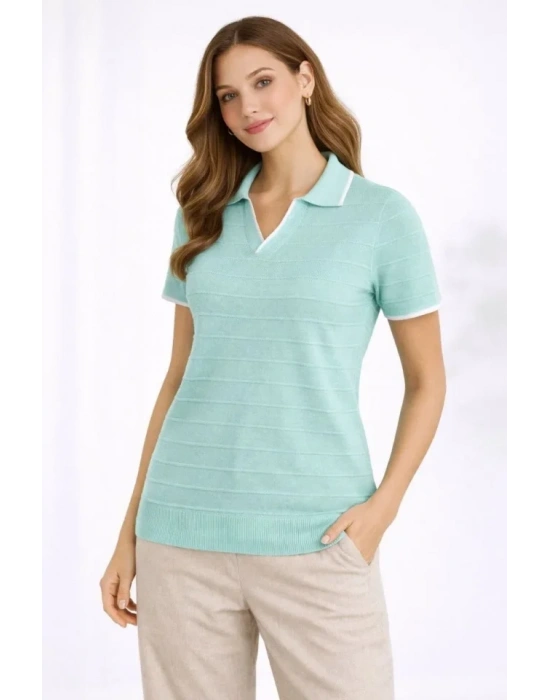 Triko Kumaş Yakalı Düğmesiz Açık Yaka Fitilli Kısa Kollu Regular Fit Tişört Tshirt  int Yeşili