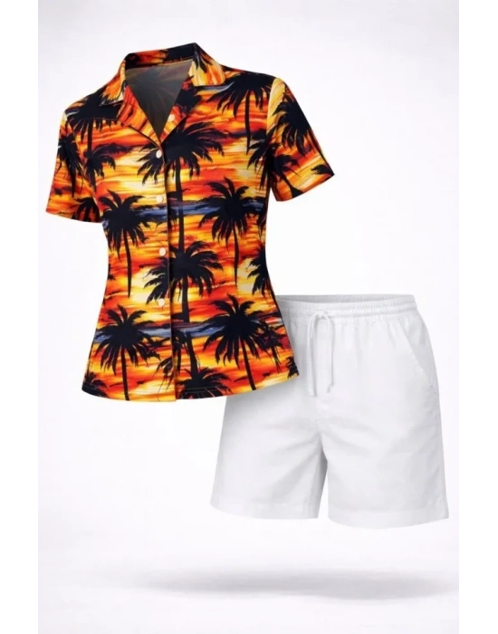 Tropikal Palmiye Desenli Gömlek Şort Takım Yazlık Rahat Kalıp  Desenli
