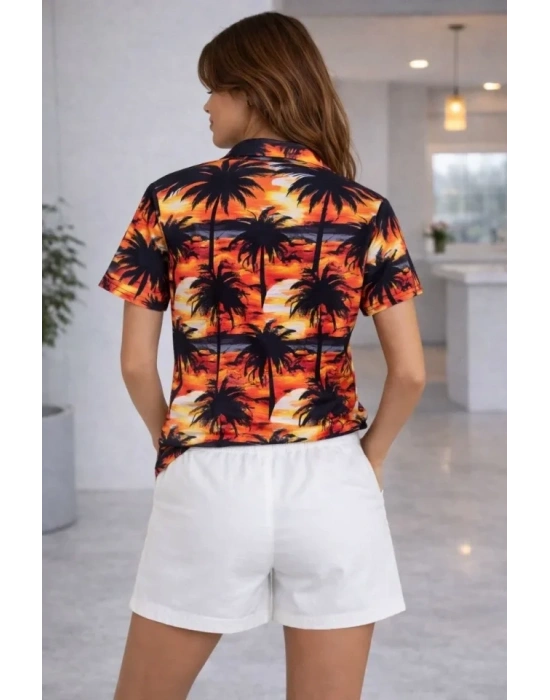 Tropikal Palmiye Desenli Gömlek Şort Takım Yazlık Rahat Kalıp  Desenli