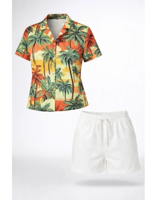 Tropikal Palmiye Desenli Kısa Kol Gömlek Şort Takım Yazlık Rahat  Desenli
