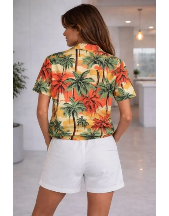 Tropikal Palmiye Desenli Kısa Kol Gömlek Şort Takım Yazlık Rahat  Desenli