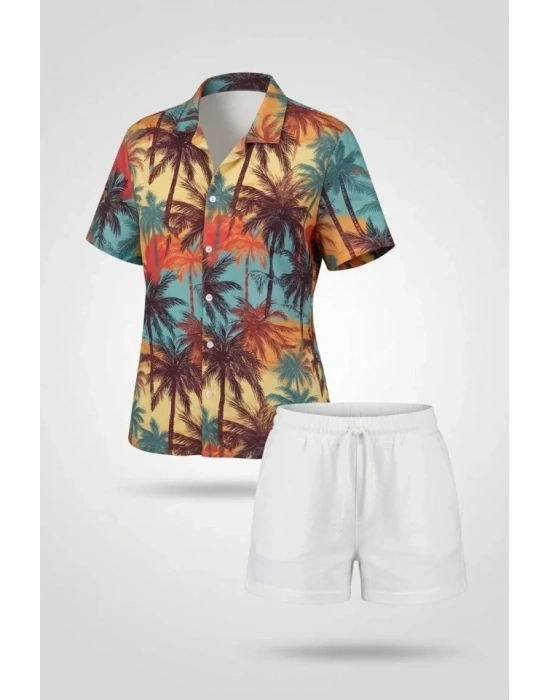 Tropikal Palmiye Desenli Kısa Kol Gömlek Şort Takım Yazlık Rahat Kalıp  Desenli